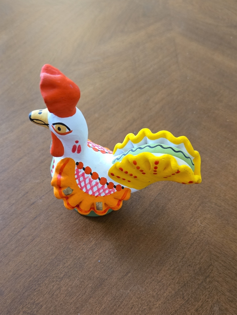 Colorful Hand-Painted Ceramic Rooster Figurine — White, Yellow, Orange, Red